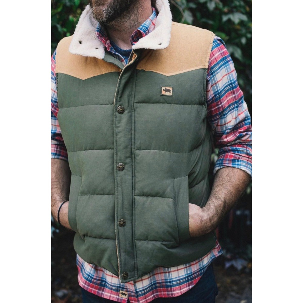 Buffalo Jackson Trading Co‎ Mens XL Puffer Vest Olive Green Corduroy Sherpa Yoke